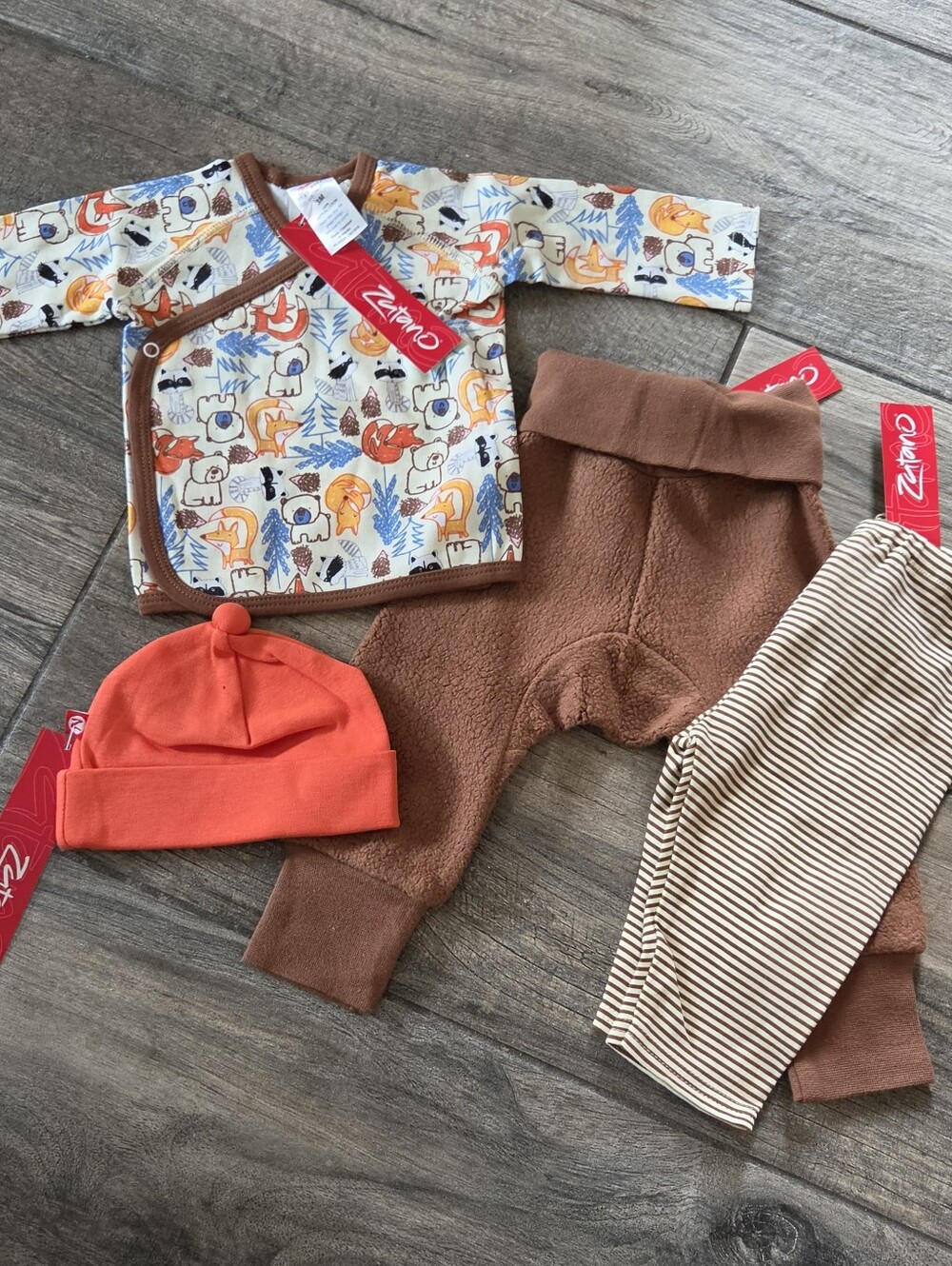 Zutano NWT 3 Months Fox Print Top, Fleece Pants, Striped Pants & Hat Set